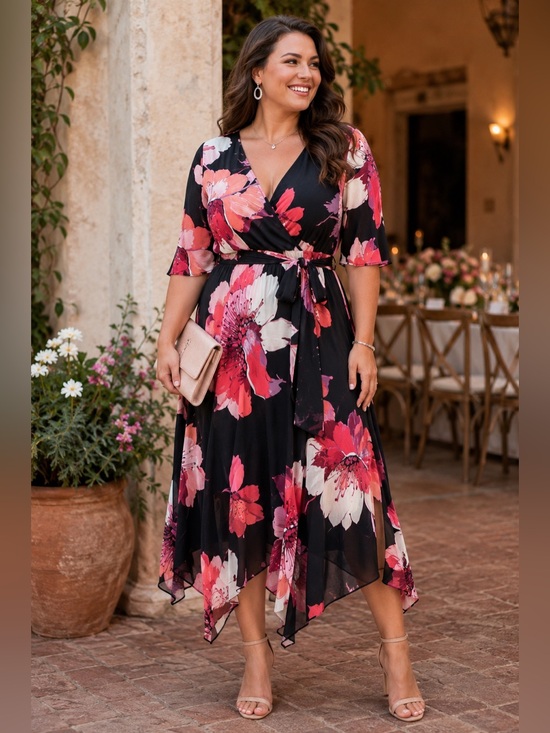 Lane Bryant Dresses & Skirts - NWT Lane Bryant Black Pink Floral Faux Wrap Midi Dress Size 18 Belted